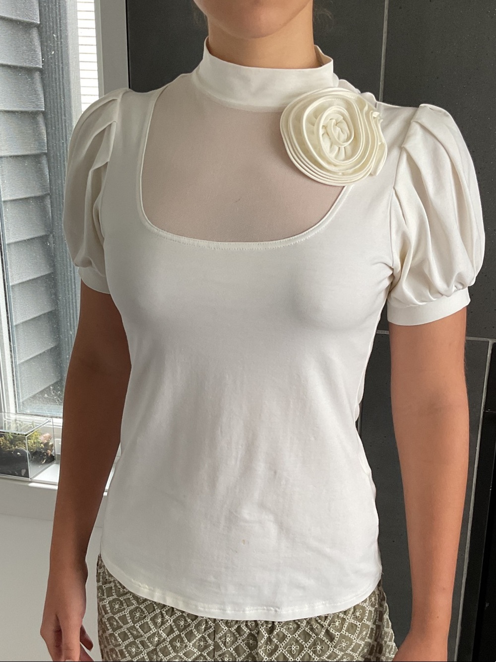 Vintage Anne Fontaine Cream Sheer Yoke Puff Sleeve Top with Rosette.